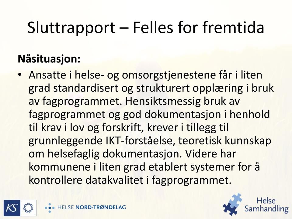 Hensiktsmessig bruk av fagprogrammet og god dokumentasjon i henhold til krav i lov og forskrift, krever i tillegg