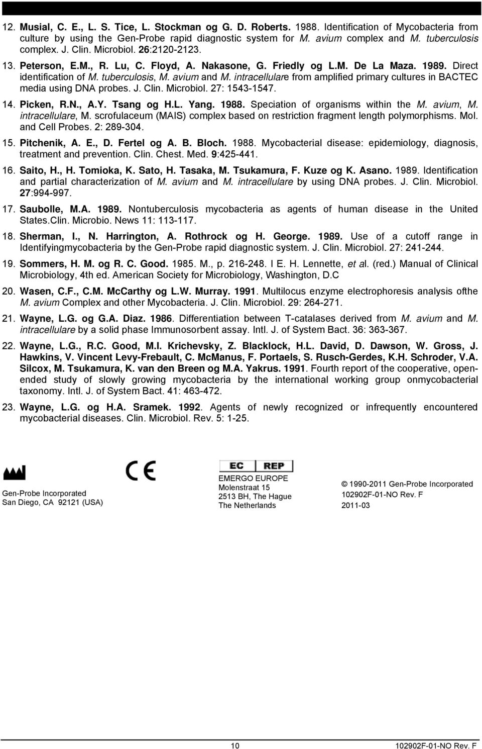 intracellulare from amplified primary cultures in BACTEC media using DNA probes. J. Clin. Microbiol. 27: 1543-1547. 14. Picken, R.N., A.Y. Tsang og H.L. Yang. 1988.