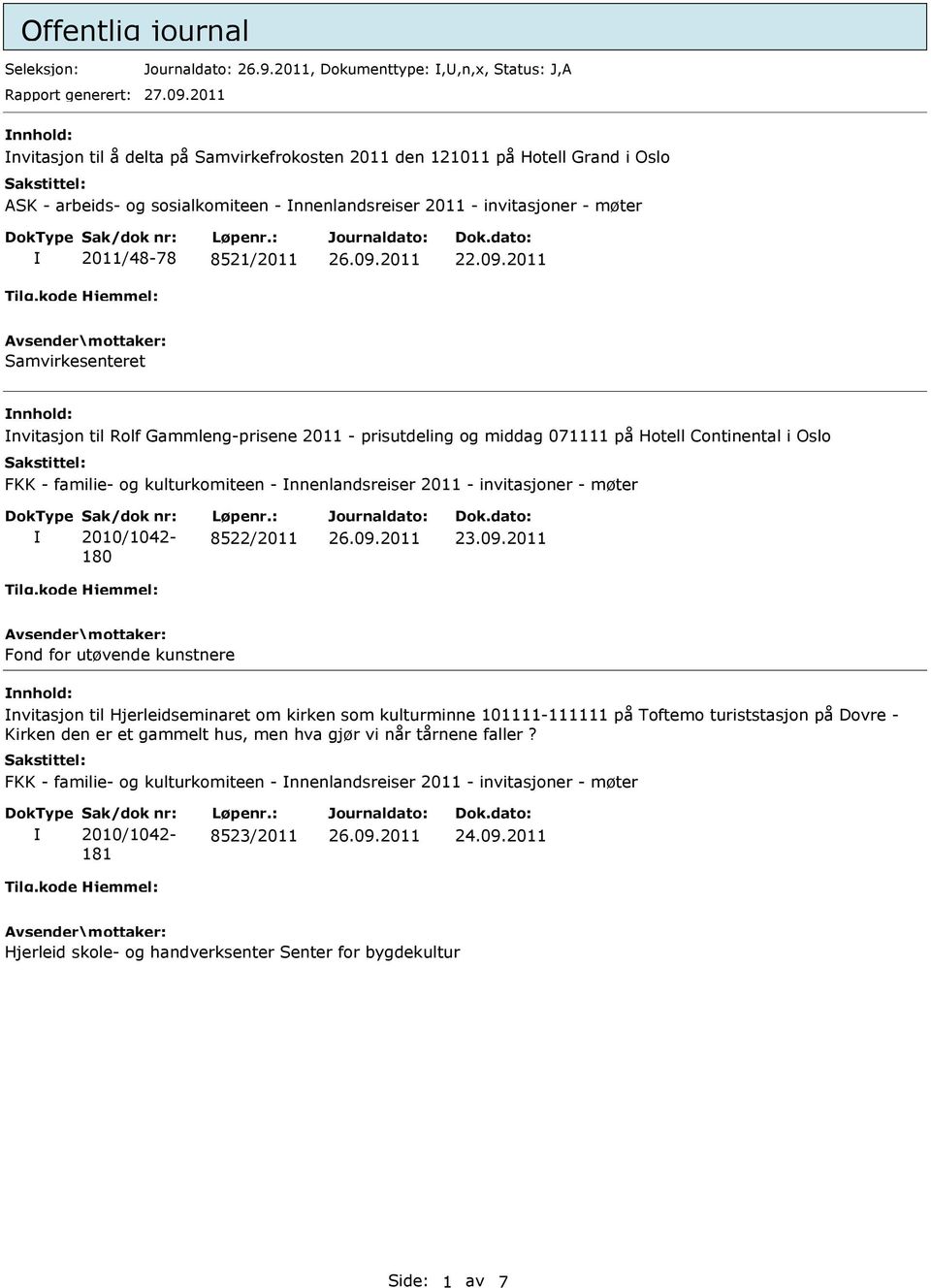 Samvirkesenteret nnhold: nvitasjon til Rolf Gammleng-prisene 2011 - prisutdeling og middag 071111 på Hotell Continental i Oslo FKK - familie- og kulturkomiteen - nnenlandsreiser 2011 - invitasjoner