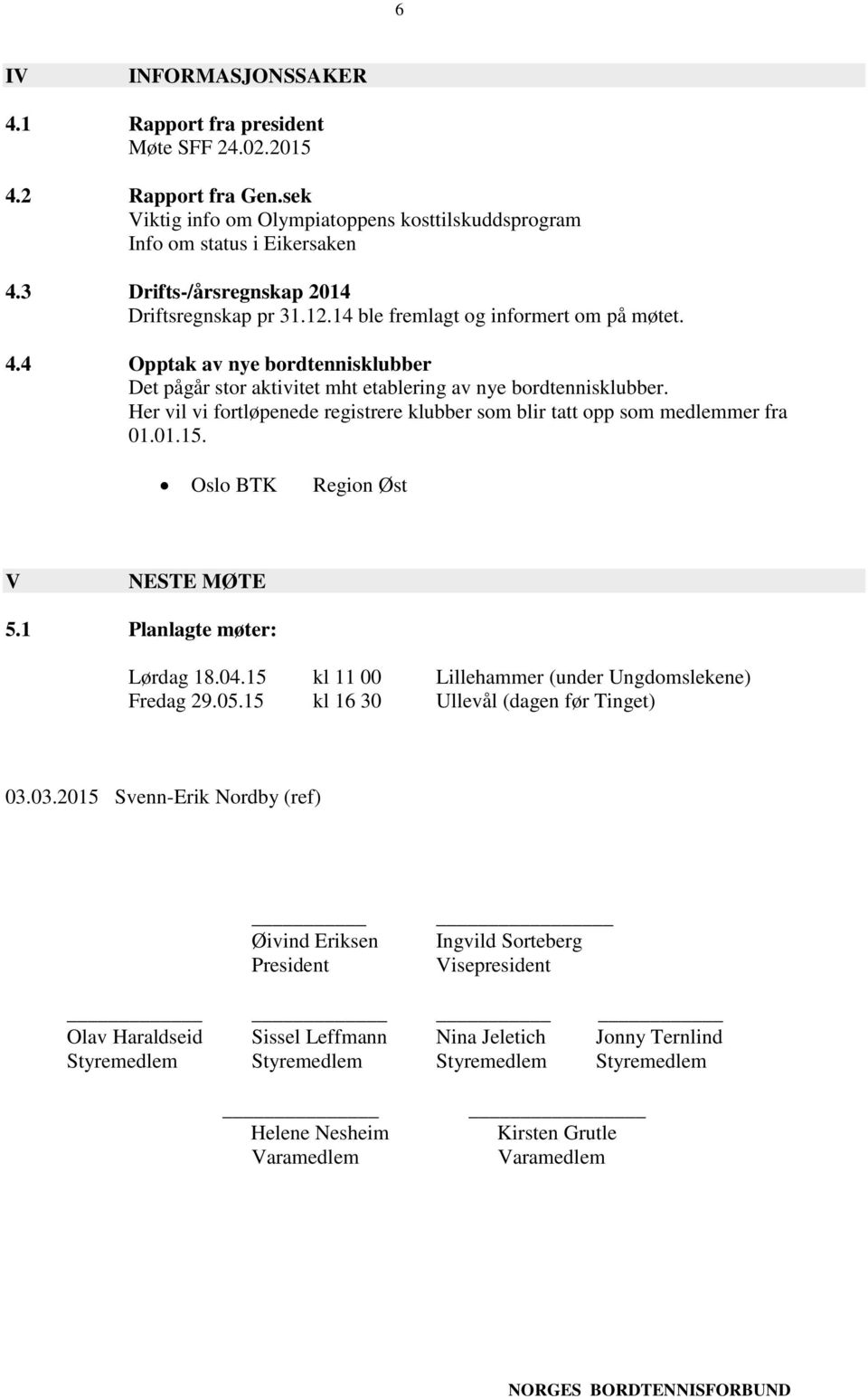 Her vil vi fortløpenede registrere klubber som blir tatt opp som medlemmer fra 01.01.15. Oslo BTK Region Øst V NESTE MØTE 5.1 Planlagte møter: Lørdag 18.04.