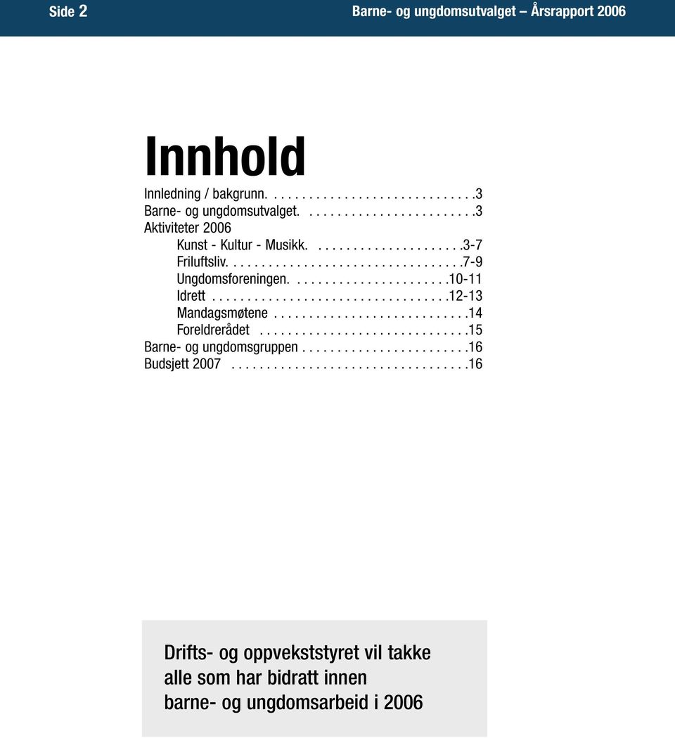 ......................10-11 Idrett..................................12-13 Mandagsmøtene............................14 Foreldrerådet..............................15 Barne- og ungdomsgruppen.