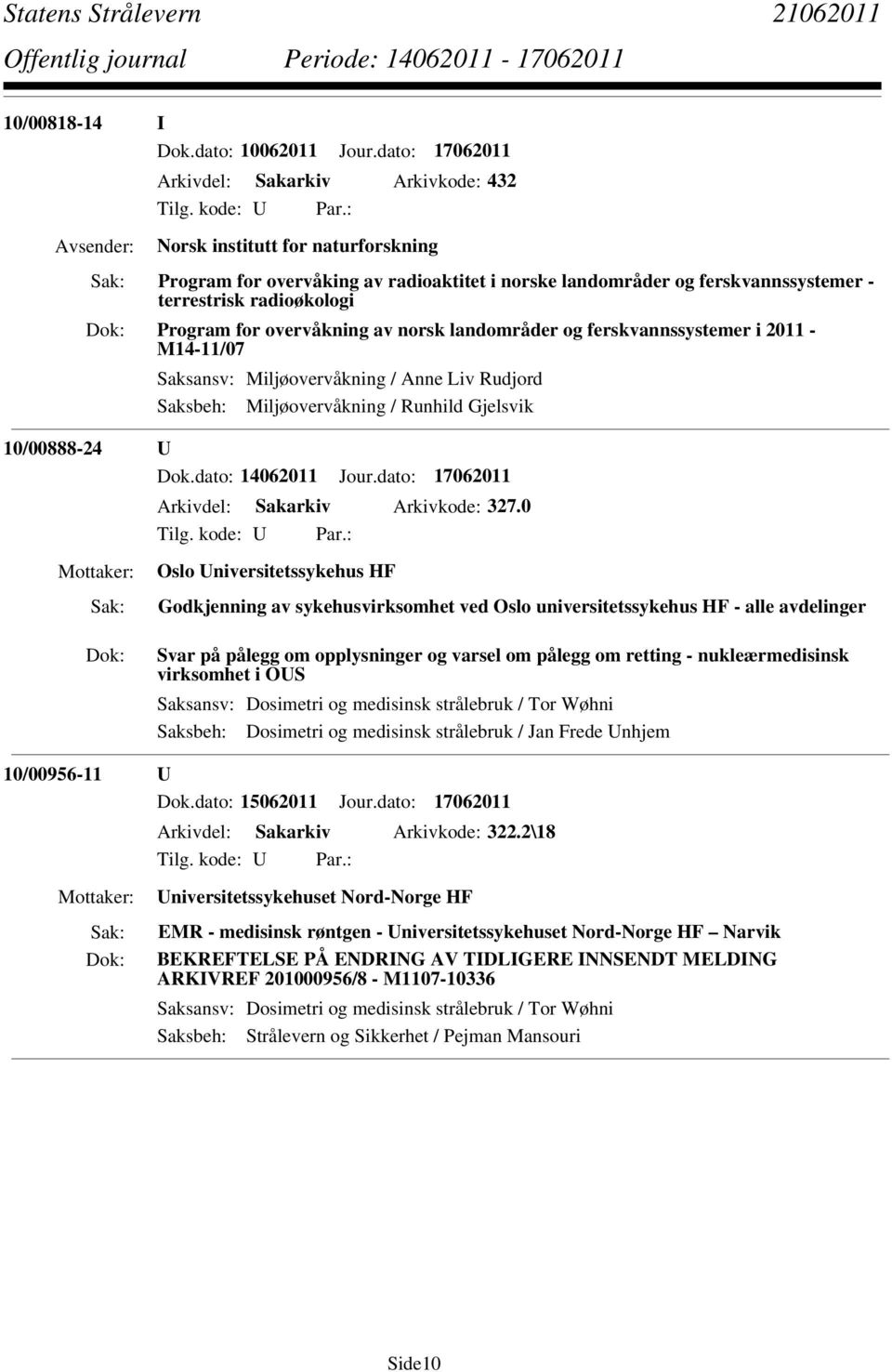 Program for overvåkning av norsk landområder og ferskvannssystemer i 2011 - M14-11/07 Saksansv: Miljøovervåkning / Anne Liv Rudjord Saksbeh: Miljøovervåkning / Runhild Gjelsvik 10/00888-24 U Dok.