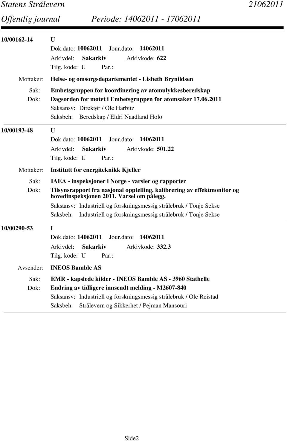 atomsaker 17.06.2011 Saksansv: Direktør / Ole Harbitz Saksbeh: Beredskap / Eldri Naadland Holo 10/00193-48 U Dok.dato: 10062011 Jour.dato: 14062011 Arkivdel: Sakarkiv Arkivkode: 501.