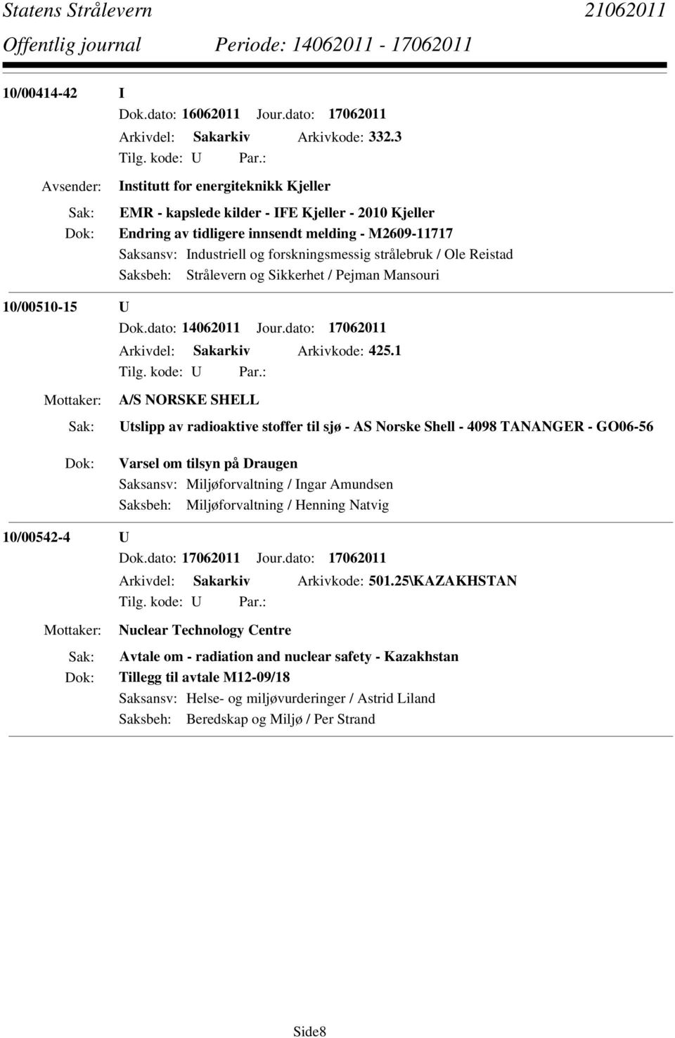 Reistad 10/00510-15 U Dok.dato: 14062011 Jour.dato: 17062011 Arkivdel: Sakarkiv Arkivkode: 425.