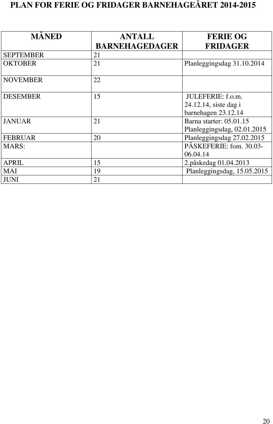 14, siste dag i barnehagen 23.12.14 JANUAR 21 Barna starter: 05.01.15 Planleggingsdag, 02.01.2015 FEBRUAR 20 Planleggingsdag 27.