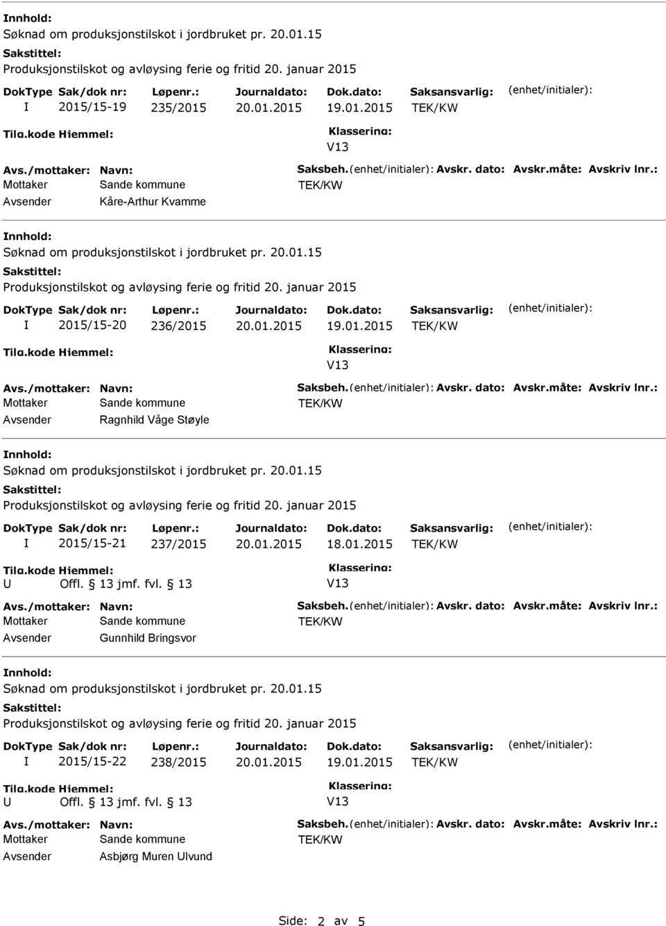 : Avsender Ragnhild Våge Støyle nnhold: 2015/15-21 237/2015 18.01.2015 Avs./mottaker: Navn: Saksbeh. Avskr. dato: Avskr.