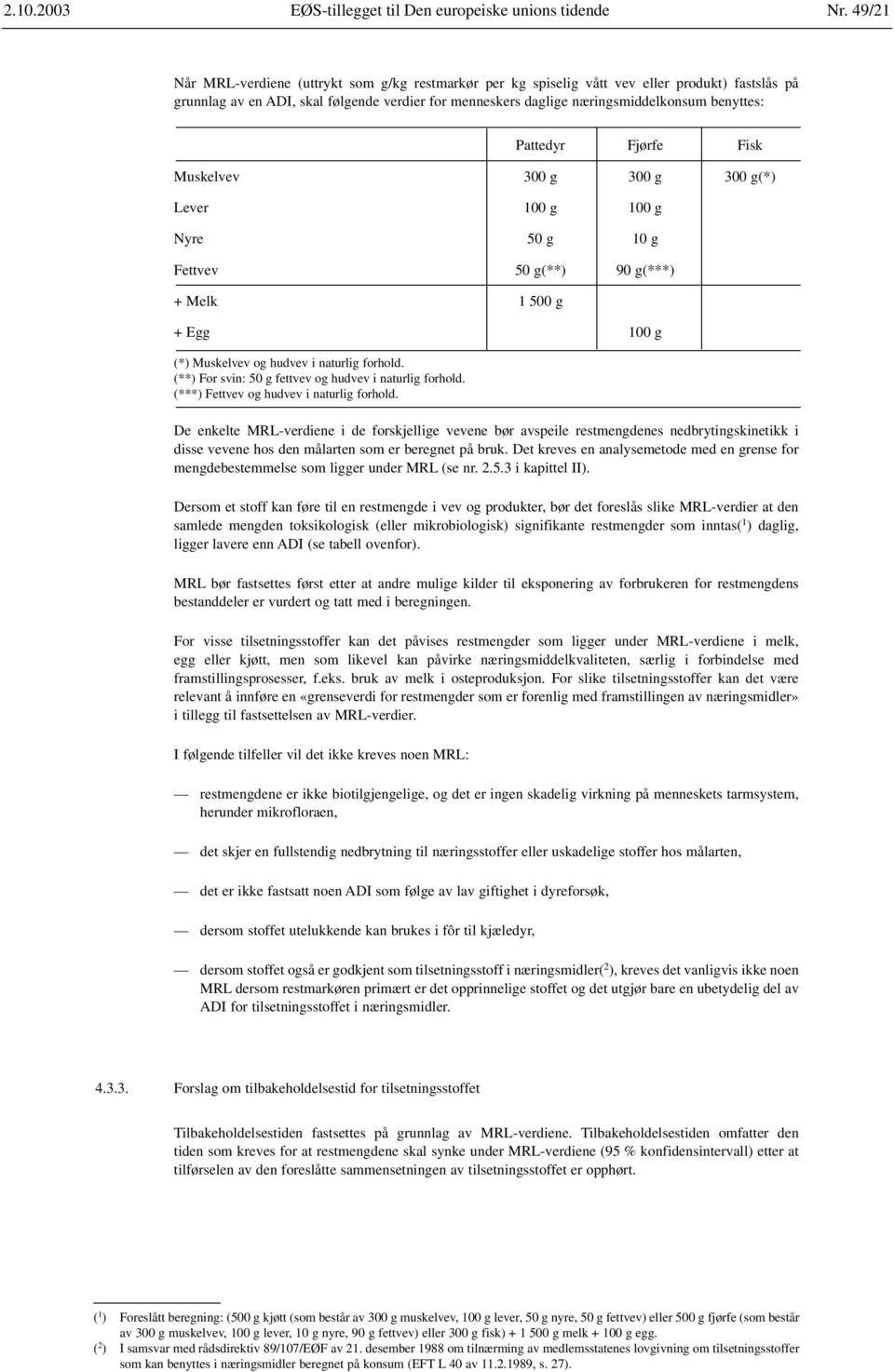 Pattedyr Fjørfe Fisk Muskelvev 300 g 300 g 300 g(*) Lever 100 g 100 g Nyre 50 g 10 g Fettvev 50 g(**) 90 g(***) + Melk 1 500 g + Egg 100 g (*) Muskelvev og hudvev i naturlig forhold.