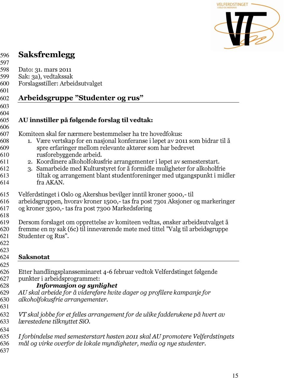 1. Være vertskap for en nasjonal konferanse i løpet av 2011 som bidrar til å spre erfaringer mellom relevante aktører som har bedrevet rusforebyggende arbeid. 2. Koordinere alkoholfokusfrie arrangementer i løpet av semesterstart.