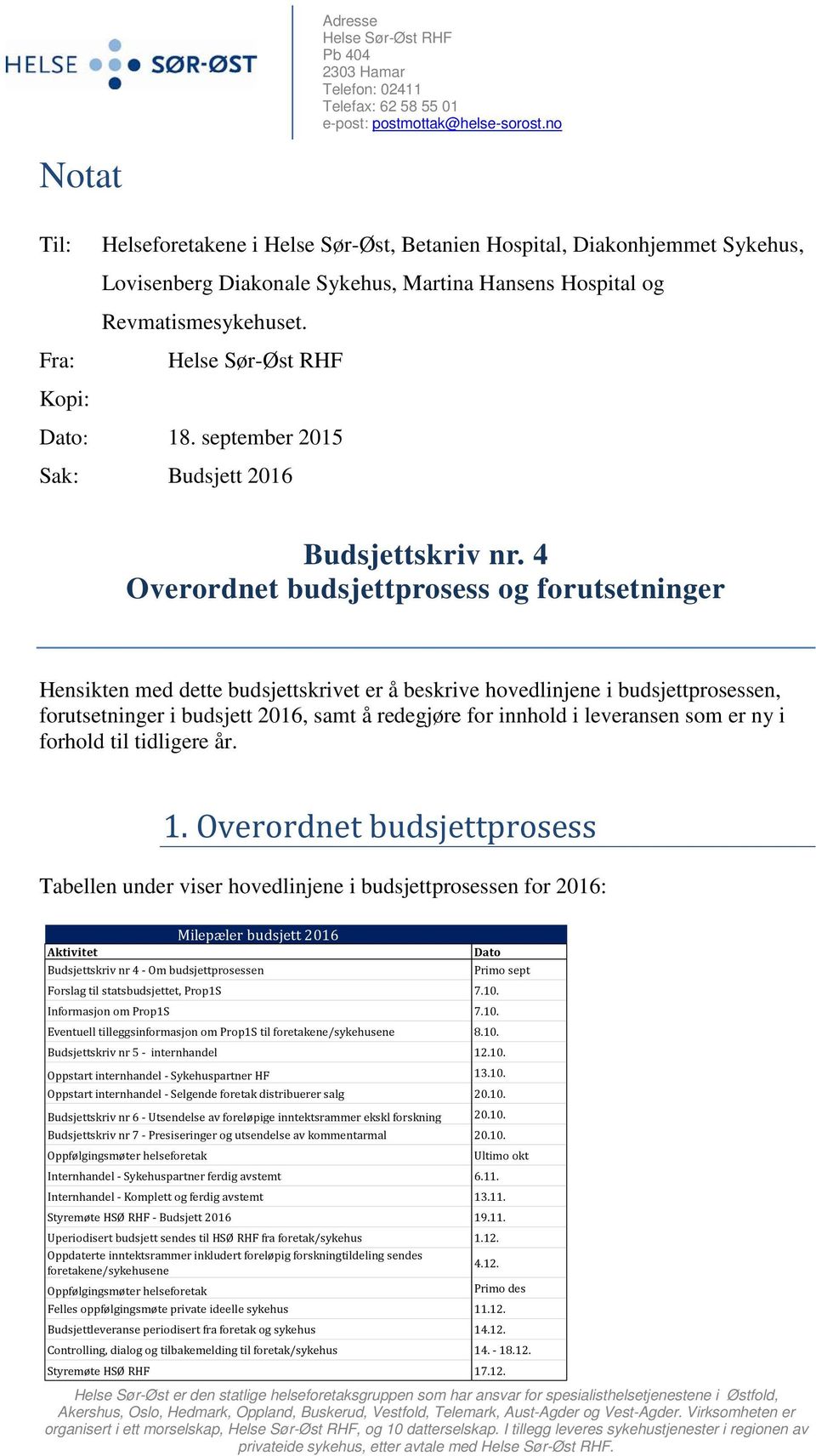 Fra: Helse Sør-Øst RHF Kopi: Dato: 18. september 2015 Sak: Budsjett 2016 Budsjettskriv nr.