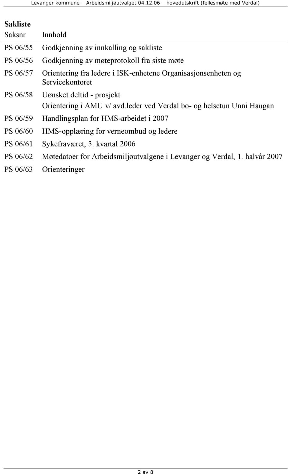 leder ved Verdal bo- og helsetun Unni Haugan PS 06/59 Handlingsplan for HMS-arbeidet i 2007 PS 06/60 HMS-opplæring for verneombud og ledere