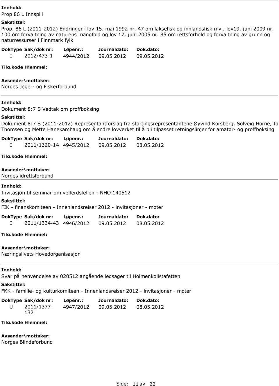 85 om rettsforhold og forvaltning av grunn og naturressurser i Finnmark fylk 2012/473-1 4944/2012 Norges Jeger- og Fiskerforbund nnhold: Dokument 8:7 S Vedtak om proffboksing Dokument 8:7 S