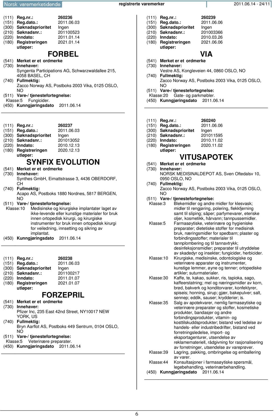 (111) Reg.nr.: 260237 (151) Reg.dato.: 2011.06.03 (210) Søknadsnr.: 201013052 (220) Inndato: 2010.12.