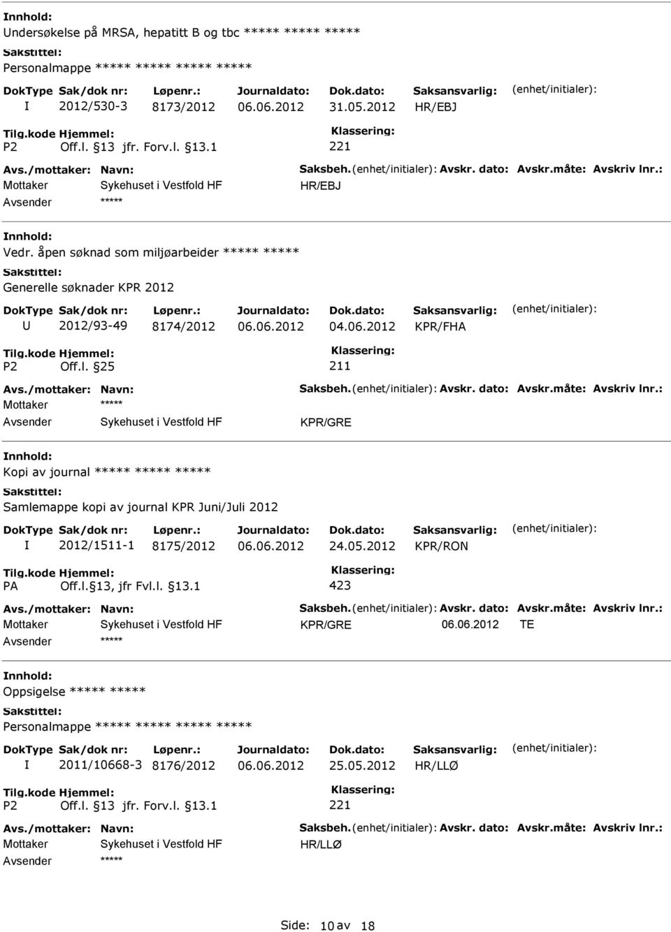 : KPR/GRE Kopi av journal Samlemappe kopi av journal KPR Juni/Juli 2012 2012/1511-1 8175/2012 24.05.2012 KPR/RON 423 Avs./mottaker: Navn: Saksbeh. Avskr.