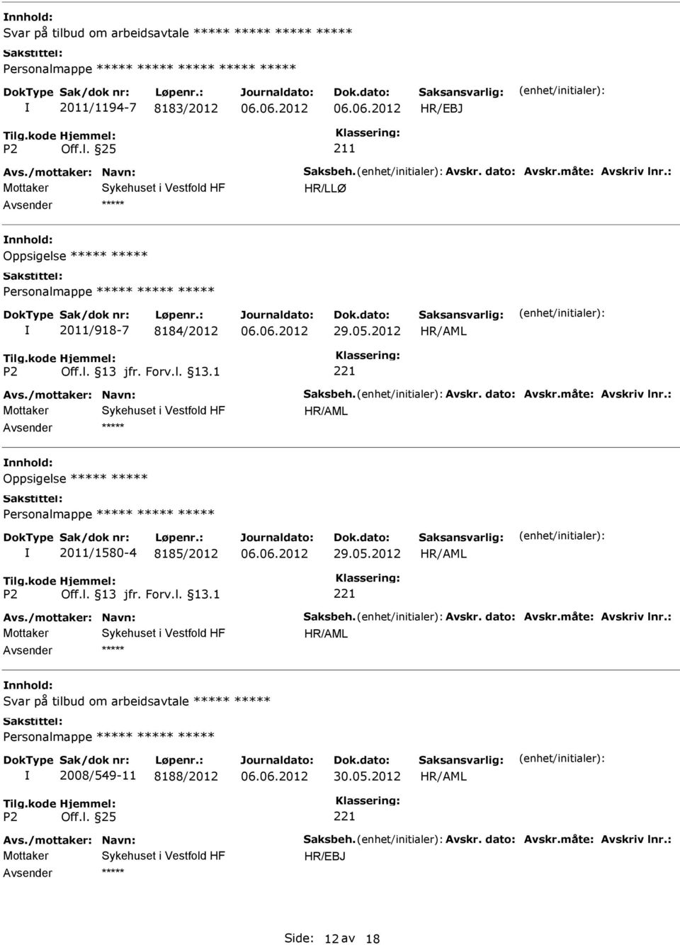 måte: Avskriv lnr.: Oppsigelse 2011/1580-4 8185/2012 29.05.2012 Avs./mottaker: Navn: Saksbeh. Avskr. dato: Avskr.