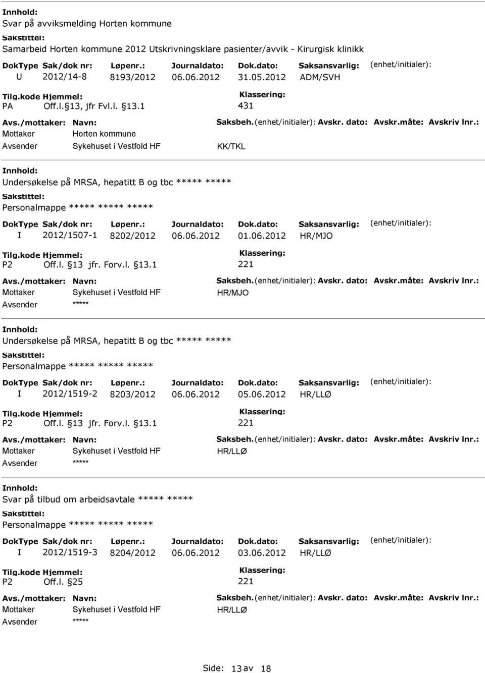 /mottaker: Navn: Saksbeh. Avskr. dato: Avskr.måte: Avskriv lnr.: ndersøkelse på MRSA, hepatitt B og tbc 2012/1519-2 8203/2012 05.06.2012 Avs./mottaker: Navn: Saksbeh. Avskr. dato: Avskr.måte: Avskriv lnr.: Svar på tilbud om arbeidsavtale 2012/1519-3 8204/2012 03.