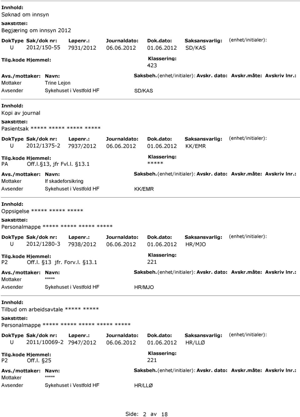 måte: Avskriv lnr.: Mottaker f skadeforsikring KK/EMR Oppsigelse 2012/1280-3 7938/2012 Avs./mottaker: Navn: Saksbeh. Avskr. dato: Avskr.