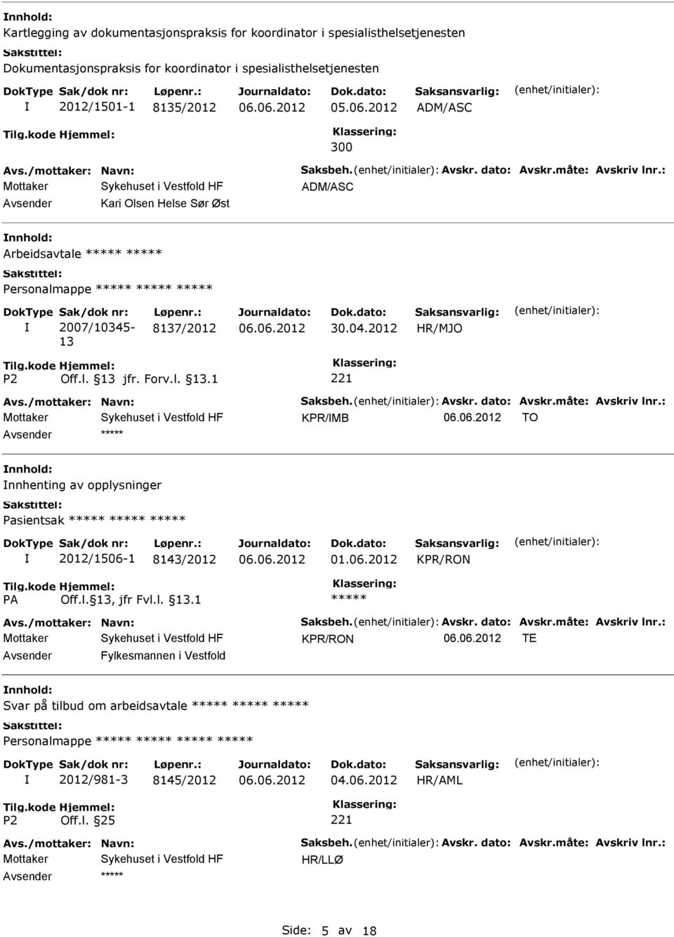 2012 Avs./mottaker: Navn: Saksbeh. Avskr. dato: Avskr.måte: Avskriv lnr.: KPR/MB TO nnhenting av opplysninger Pasientsak 2012/1506-1 8143/2012 KPR/RON Avs./mottaker: Navn: Saksbeh. Avskr. dato: Avskr.måte: Avskriv lnr.: KPR/RON TE Fylkesmannen i Vestfold Svar på tilbud om arbeidsavtale 2012/981-3 8145/2012 Avs.