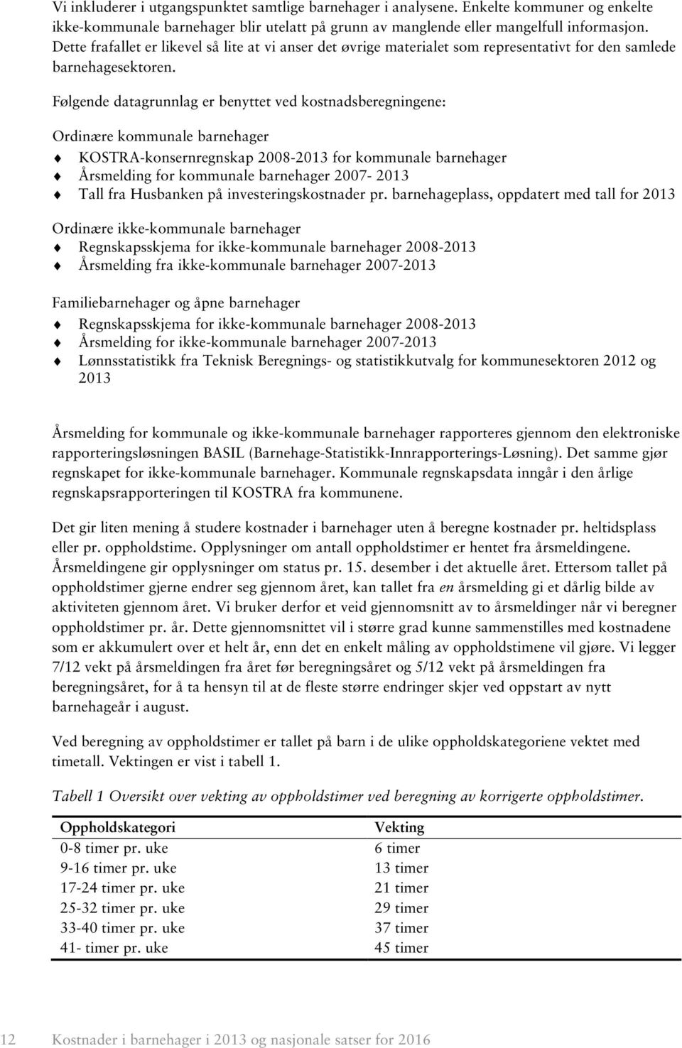 Følgende datagrunnlag er benyttet ved kostnadsberegningene: Ordinære kommunale barnehager KOSTRA-konsernregnskap 2008-2013 for kommunale barnehager Årsmelding for kommunale barnehager 2007-2013 Tall