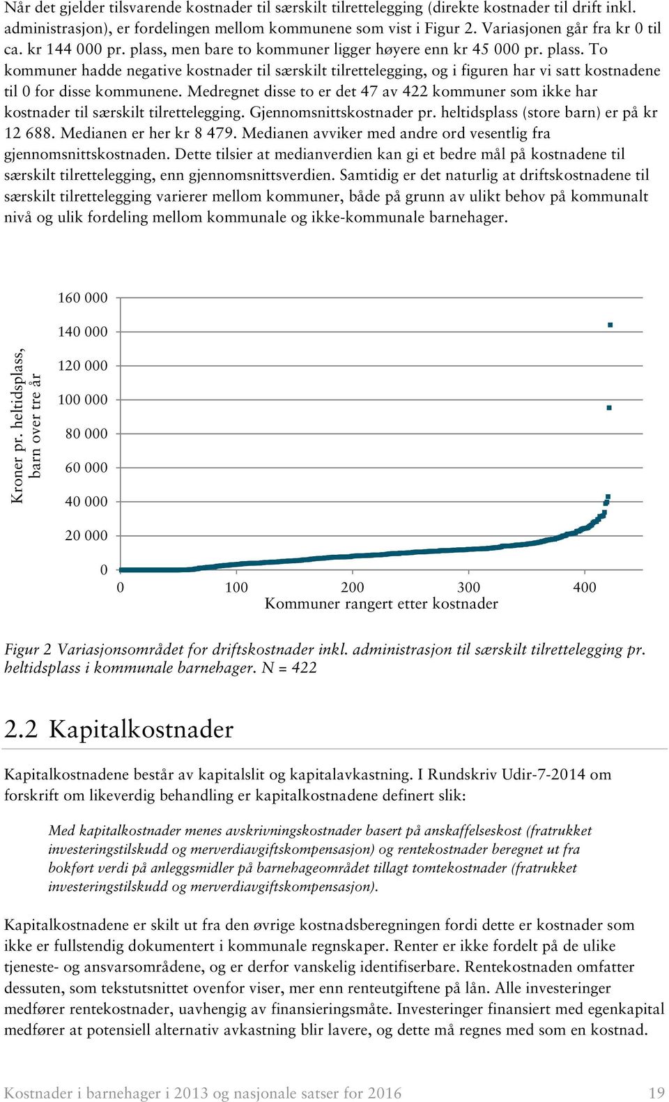 Medregnet disse to er det 47 av 422 kommuner som ikke har kostnader til særskilt tilrettelegging. Gjennomsnittskostnader pr. heltidsplass (store barn) er på kr 12 688. Medianen er her kr 8 479.