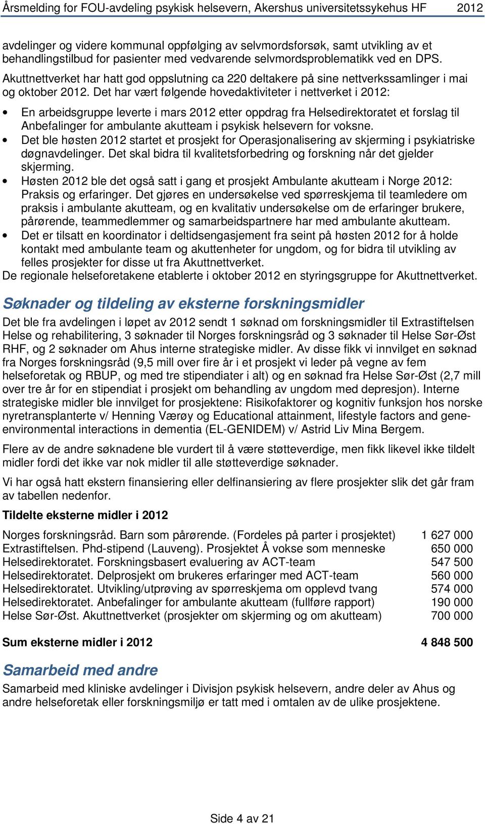 Det har vært følgende hovedaktiviteter i nettverket i 2012: En arbeidsgruppe leverte i mars 2012 etter oppdrag fra Helsedirektoratet et forslag til Anbefalinger for ambulante akutteam i psykisk