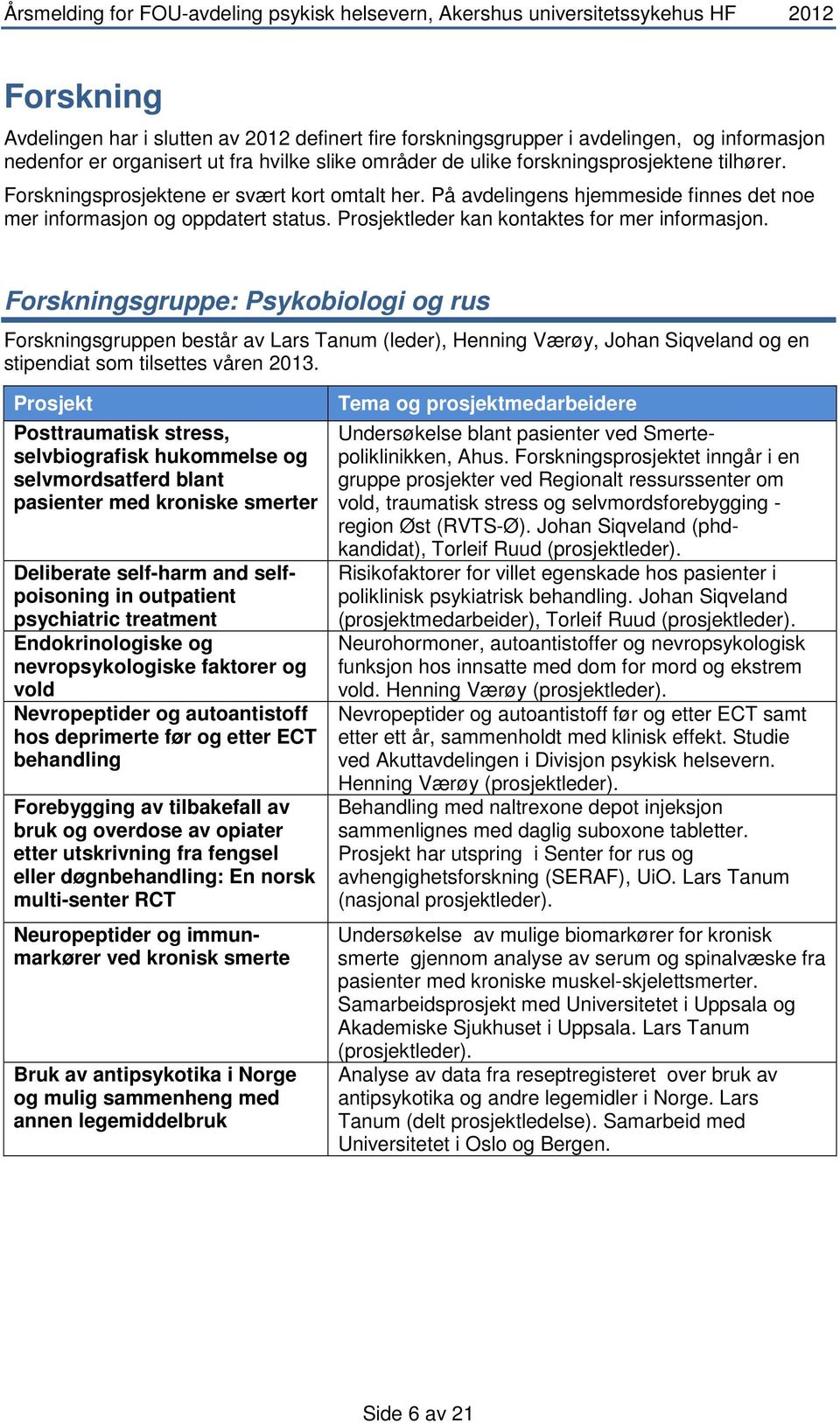 Forskningsgruppe: Psykobiologi og rus Forskningsgruppen består av Lars Tanum (leder), Henning Værøy, Johan Siqveland og en stipendiat som tilsettes våren 2013.