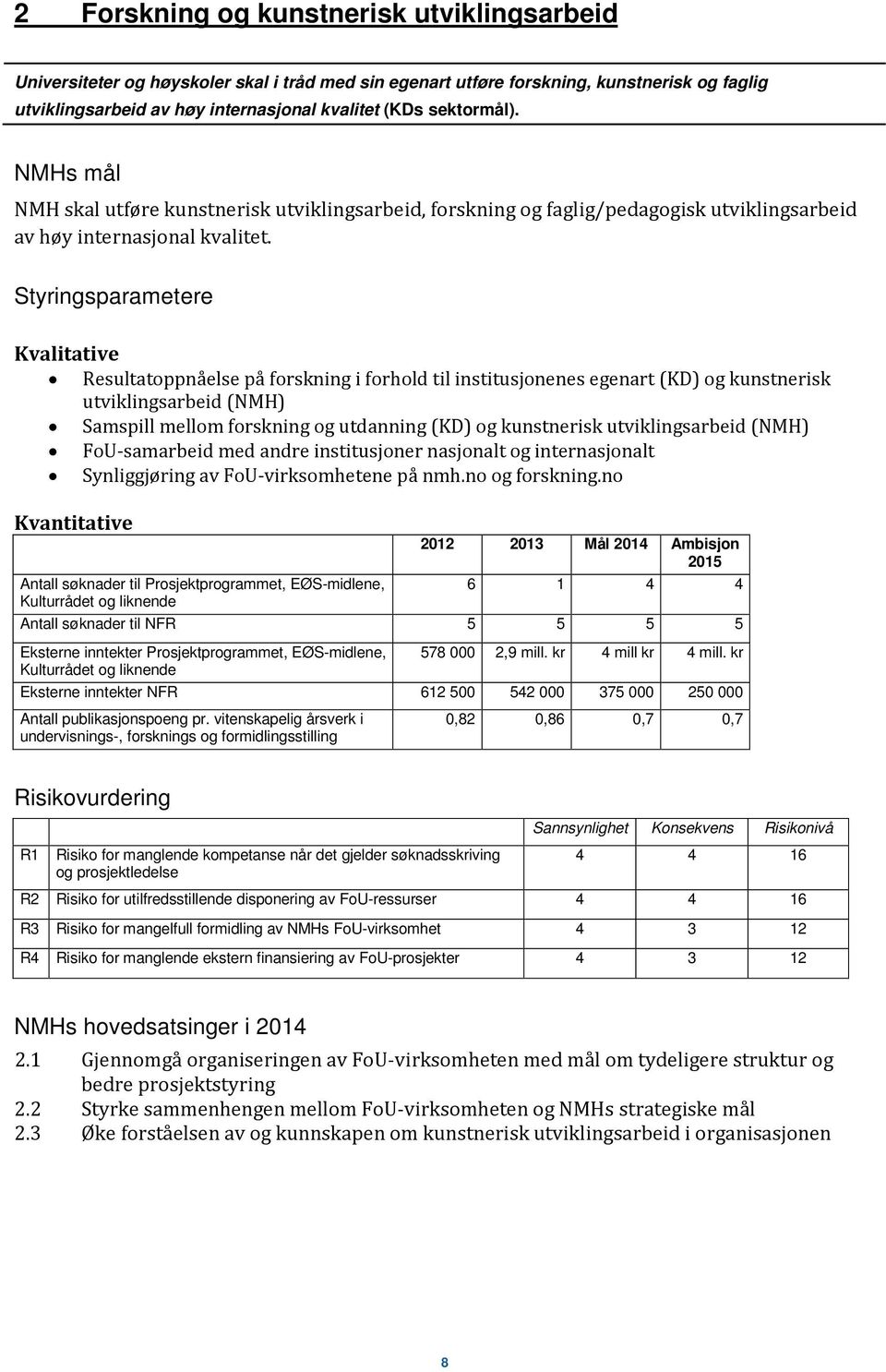 Styringsparametere Kvalitative Resultatoppnåelse på forskning i forhold til institusjonenes egenart (KD) og kunstnerisk utviklingsarbeid (NMH) Samspill mellom forskning og utdanning (KD) og