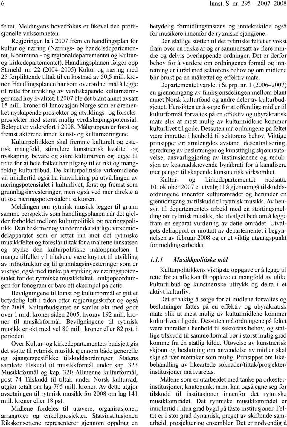 meld. nr. 22 (2004 2005) Kultur og næring med 25 forpliktende tiltak til en kostnad av 50,5 mill. kroner.