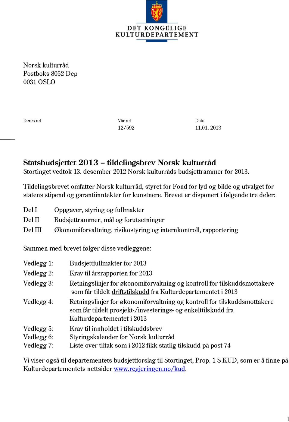 Brevet er disponert i følgende tre deler: Del I Del II Del III Oppgaver, styring og fullmakter Budsjettrammer, mål og forutsetninger Økonomiforvaltning, risikostyring og internkontroll, rapportering