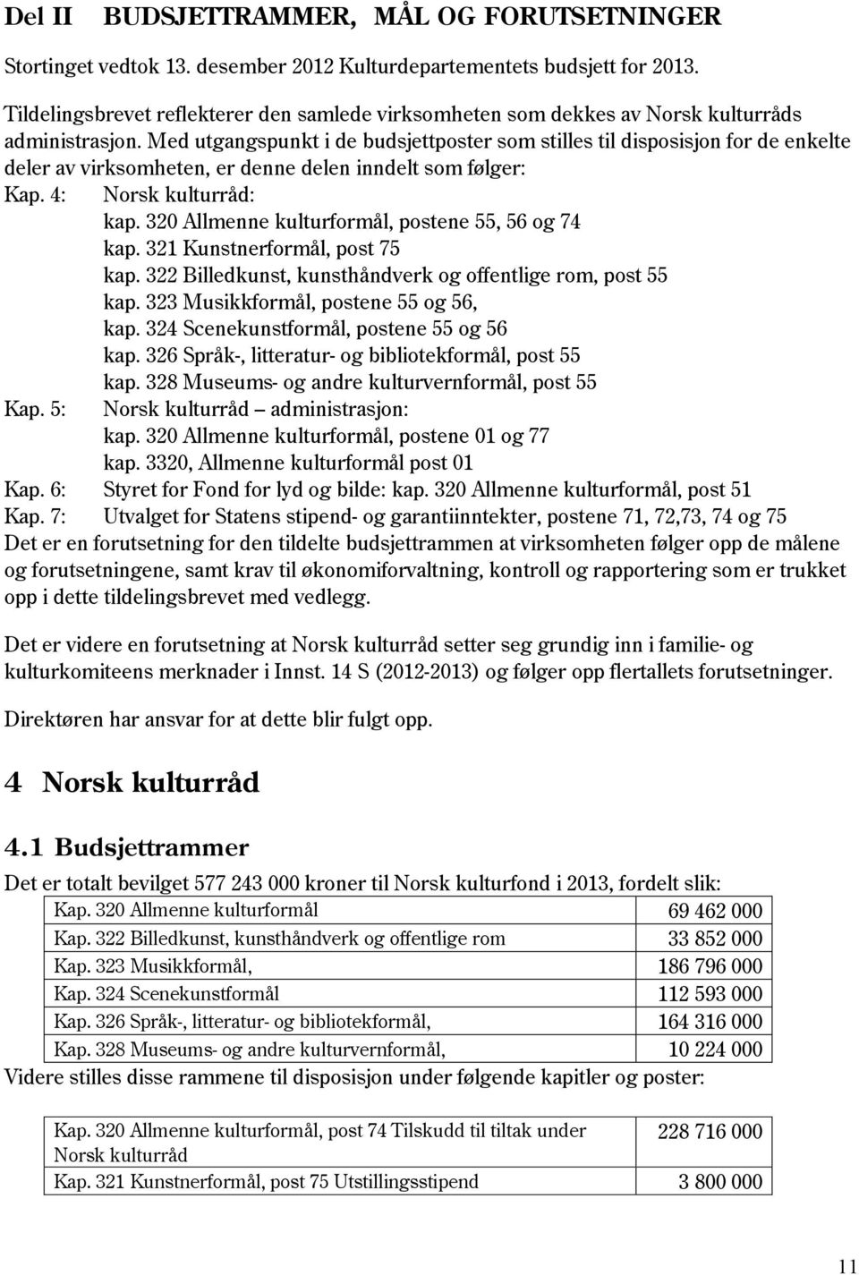 Med utgangspunkt i de budsjettposter som stilles til disposisjon for de enkelte deler av virksomheten, er denne delen inndelt som følger: Kap. 4: Norsk kulturråd: kap.