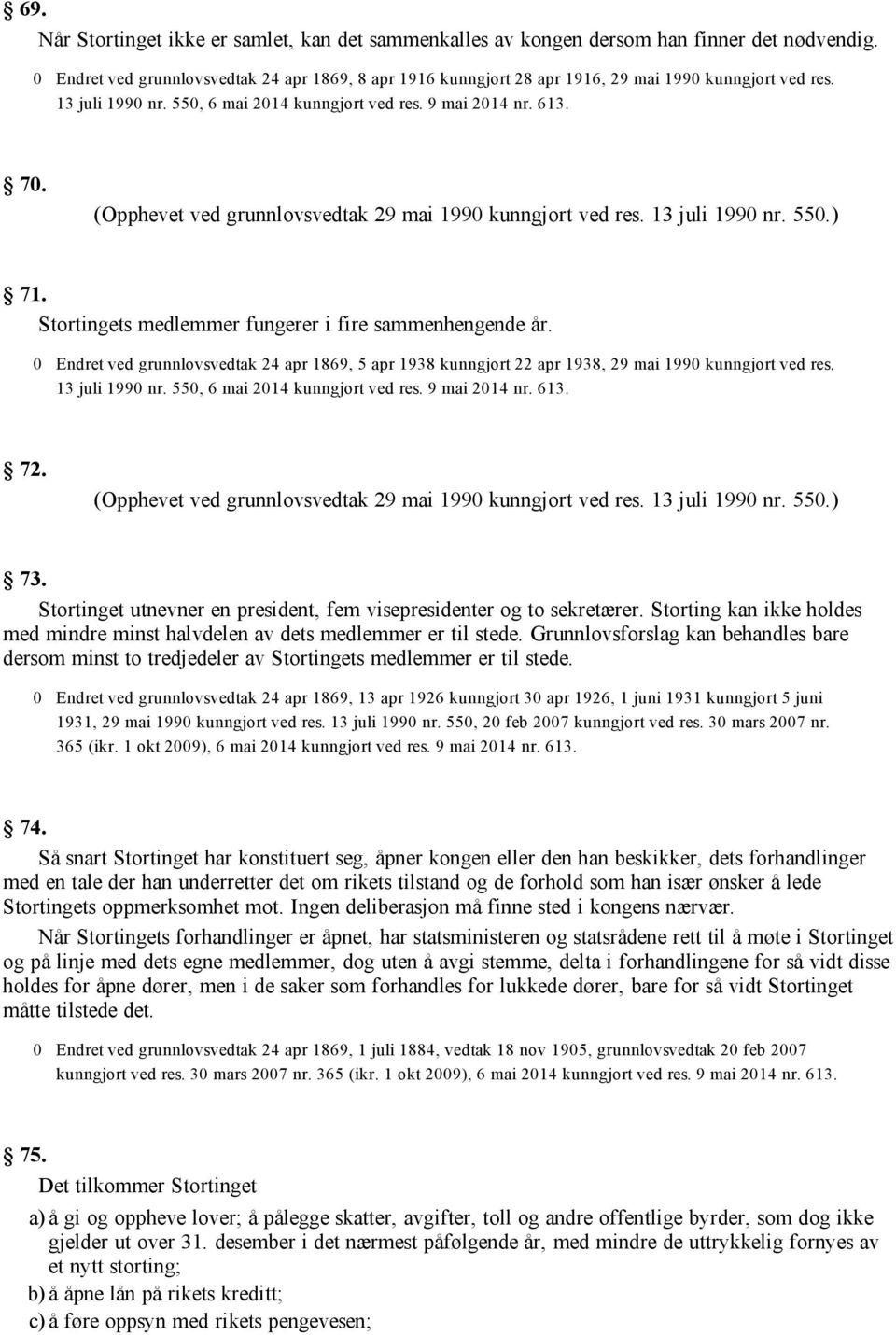 (Opphevet ved grunnlovsvedtak 29 mai 1990 kunngjort ved res. 13 juli 1990 nr. 550.) 71. Stortingets medlemmer fungerer i fire sammenhengende år.