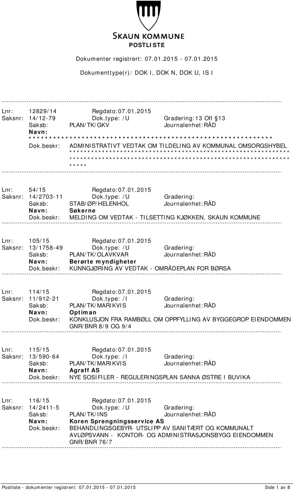 type: /U Gradering: Saksb: STAB/ØP/HELENHOL Journalenhet:RÅD Søkerne MELDING OM VEDTAK - TILSETTING KJØKKEN, SKAUN KOMMUNE Lnr: 105/15 Regdato:07.01.2015 Saksnr: 13/1758-49 Dok.