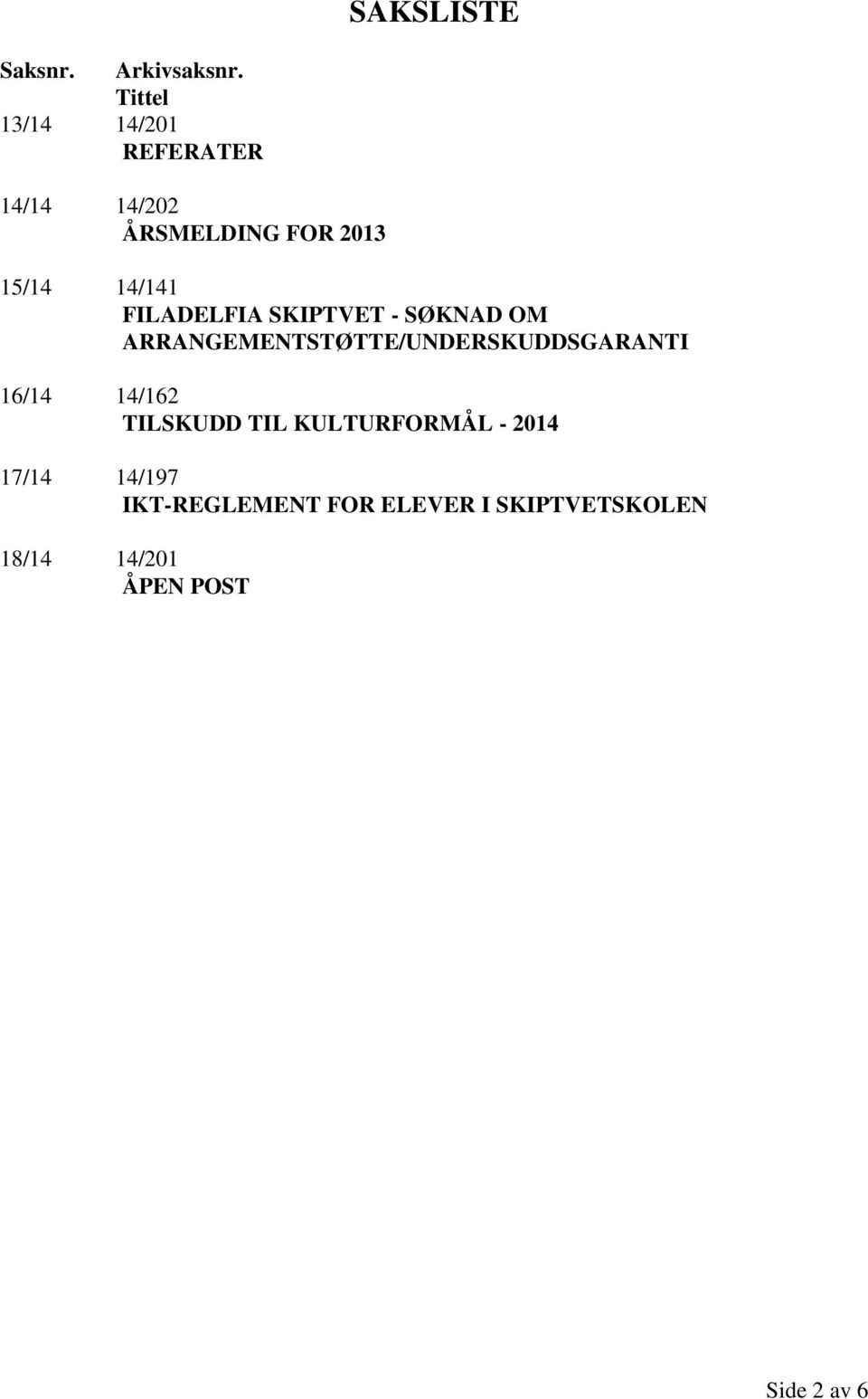 FILADELFIA SKIPTVET - SØKNAD OM ARRANGEMENTSTØTTE/UNDERSKUDDSGARANTI 16/14