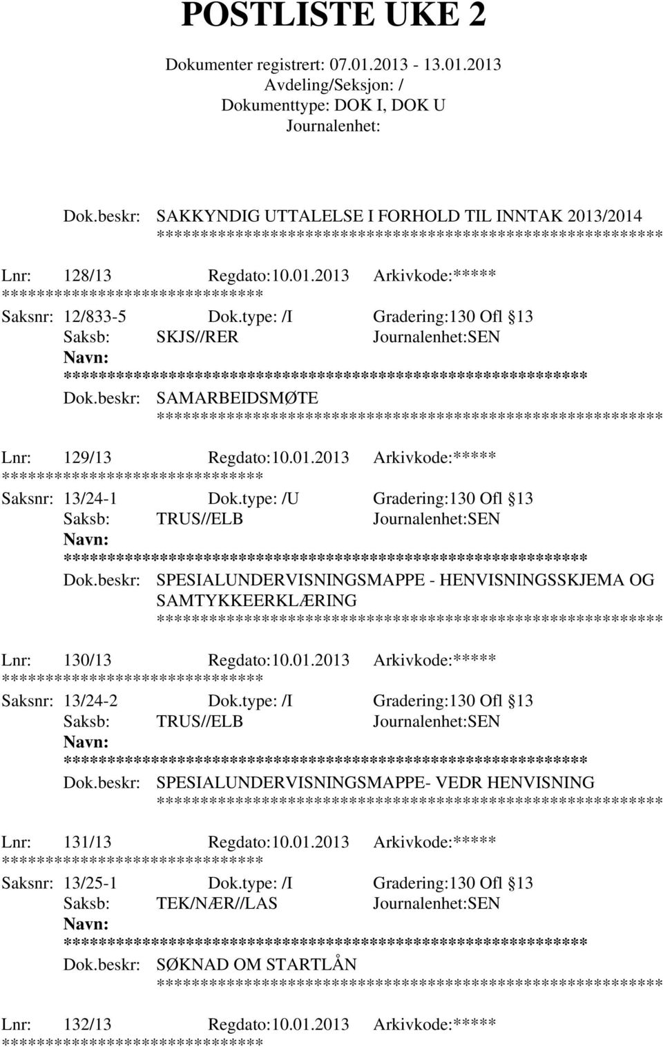 beskr: SPESIALUNDERVISNINGSMAPPE - HENVISNINGSSKJEMA OG SAMTYKKEERKLÆRING Lnr: 130/13 Regdato:10.01.2013 Arkivkode:***** Saksnr: 13/24-2 Dok.