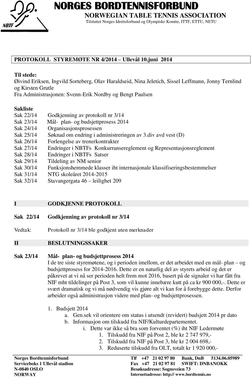 Sakliste Sak 22/14 Godkjenning av protokoll nr 3/14 Sak 23/14 Mål- plan- og budsjettprosess 2014 Sak 24/14 Organisasjonsprosessen Sak 25/14 Søknad om endring i administreringen av 3.