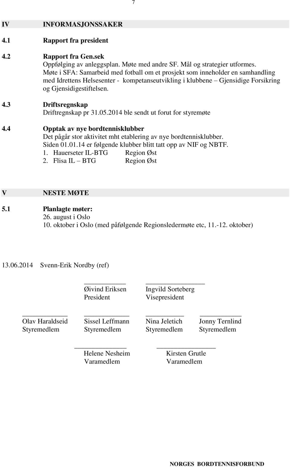 3 Driftsregnskap Driftregnskap pr 31.05.2014 ble sendt ut forut for styremøte 4.4 Opptak av nye bordtennisklubber Det pågår stor aktivitet mht etablering av nye bordtennisklubber. Siden 01.01.14 er følgende klubber blitt tatt opp av NIF og NBTF.