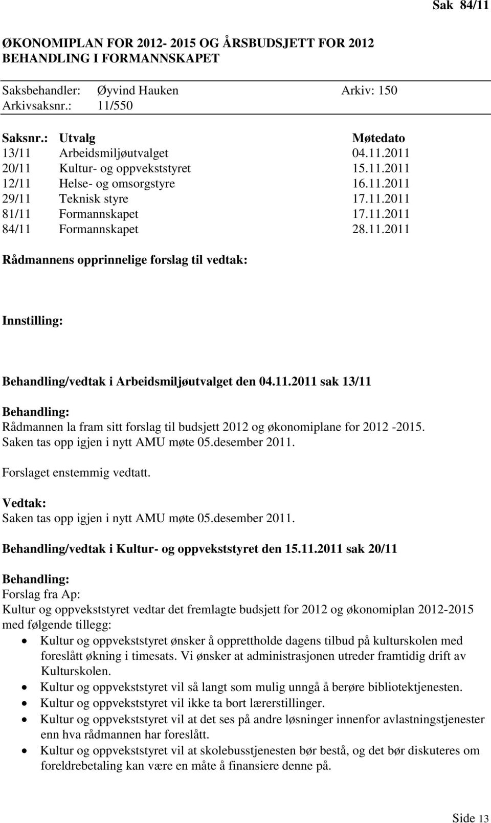 11.2011 Rådmannens opprinnelige forslag til vedtak: Innstilling: Behandling/vedtak i Arbeidsmiljøutvalget den 04.11.2011 sak 13/11 Behandling: Rådmannen la fram sitt forslag til budsjett 2012 og økonomiplane for 2012-2015.