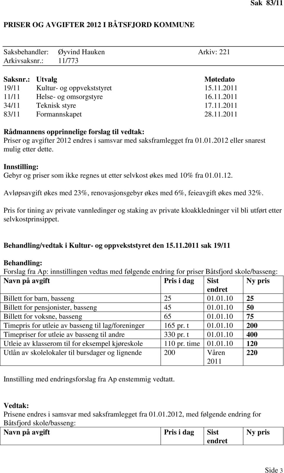 Innstilling: Gebyr og priser som ikke regnes ut etter selvkost økes med 10% fra 01.01.12. Avløpsavgift økes med 23%, renovasjonsgebyr økes med 6%, feieavgift økes med 32%.