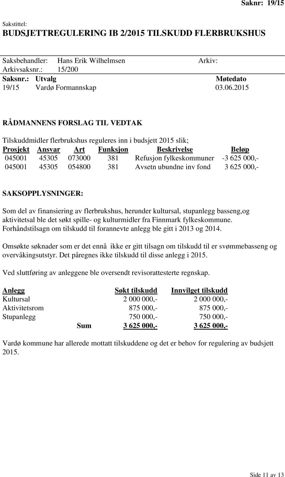 381 Avsetn ubundne inv fond 3 625 000,- Som del av finansiering av flerbrukshus, herunder kultursal, stupanlegg basseng,og aktivitetsal ble det søkt spille- og kulturmidler fra Finnmark fylkeskommune.