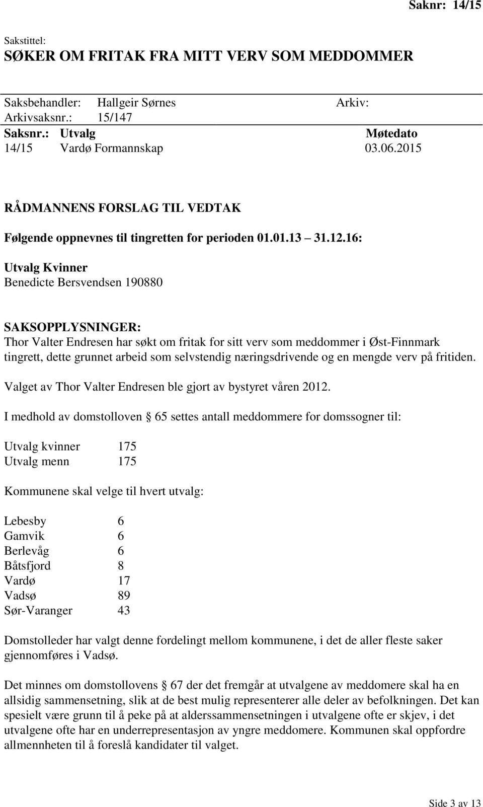 16: Utvalg Kvinner Benedicte Bersvendsen 190880 Thor Valter Endresen har søkt om fritak for sitt verv som meddommer i Øst-Finnmark tingrett, dette grunnet arbeid som selvstendig næringsdrivende og en