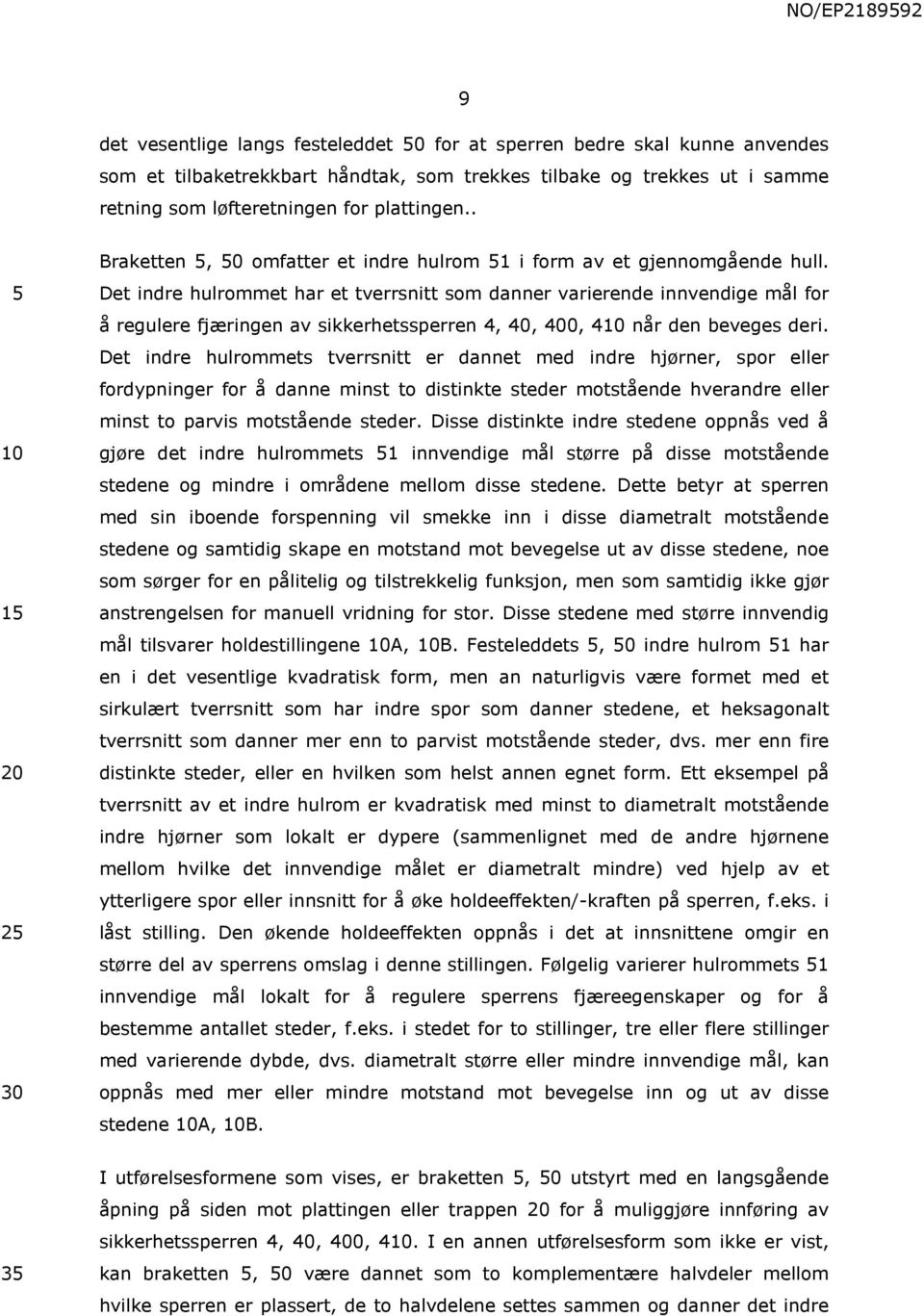 Det indre hulrommet har et tverrsnitt som danner 5 varierende innvendige mål for å regulere fjæringen av sikkerhetssperren 4, 40, 400, 410 når den beveges deri.