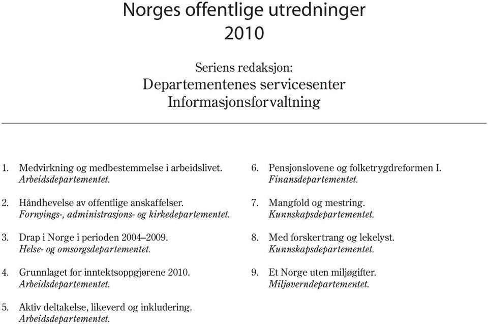 Helse- og omsorgsdepartementet. 4. Grunnlaget for inntektsoppgjørene 2010. Arbeidsdepartementet. 6. Pensjonslovene og folketrygdreformen I. Finansdepartementet. 7.