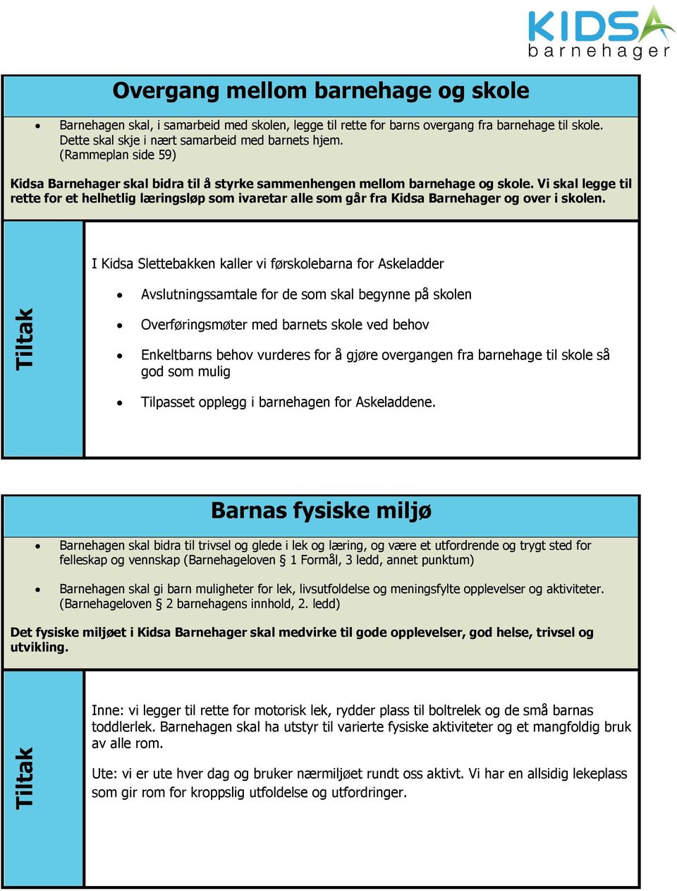 Vi skal legge til rette for et helhetlig læringsløp som ivaretar alle som går fra Kidsa Barnehager og over i skolen.