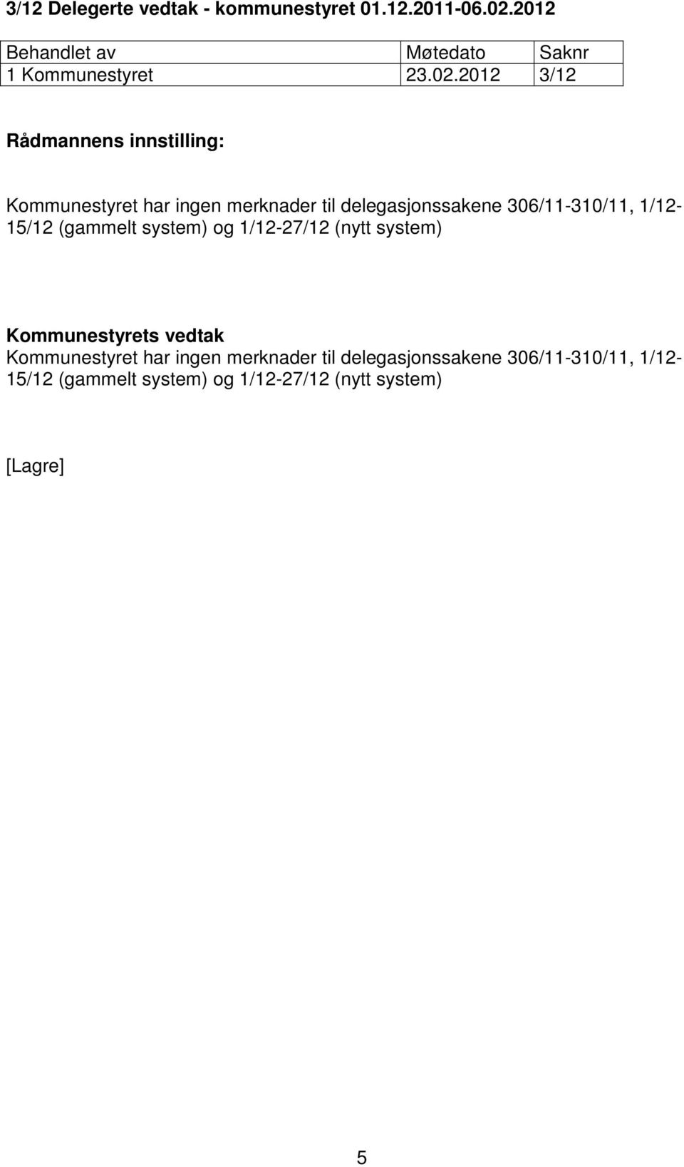 2012 3/12 Kommunestyret har ingen merknader til delegasjonssakene 306/11-310/11,