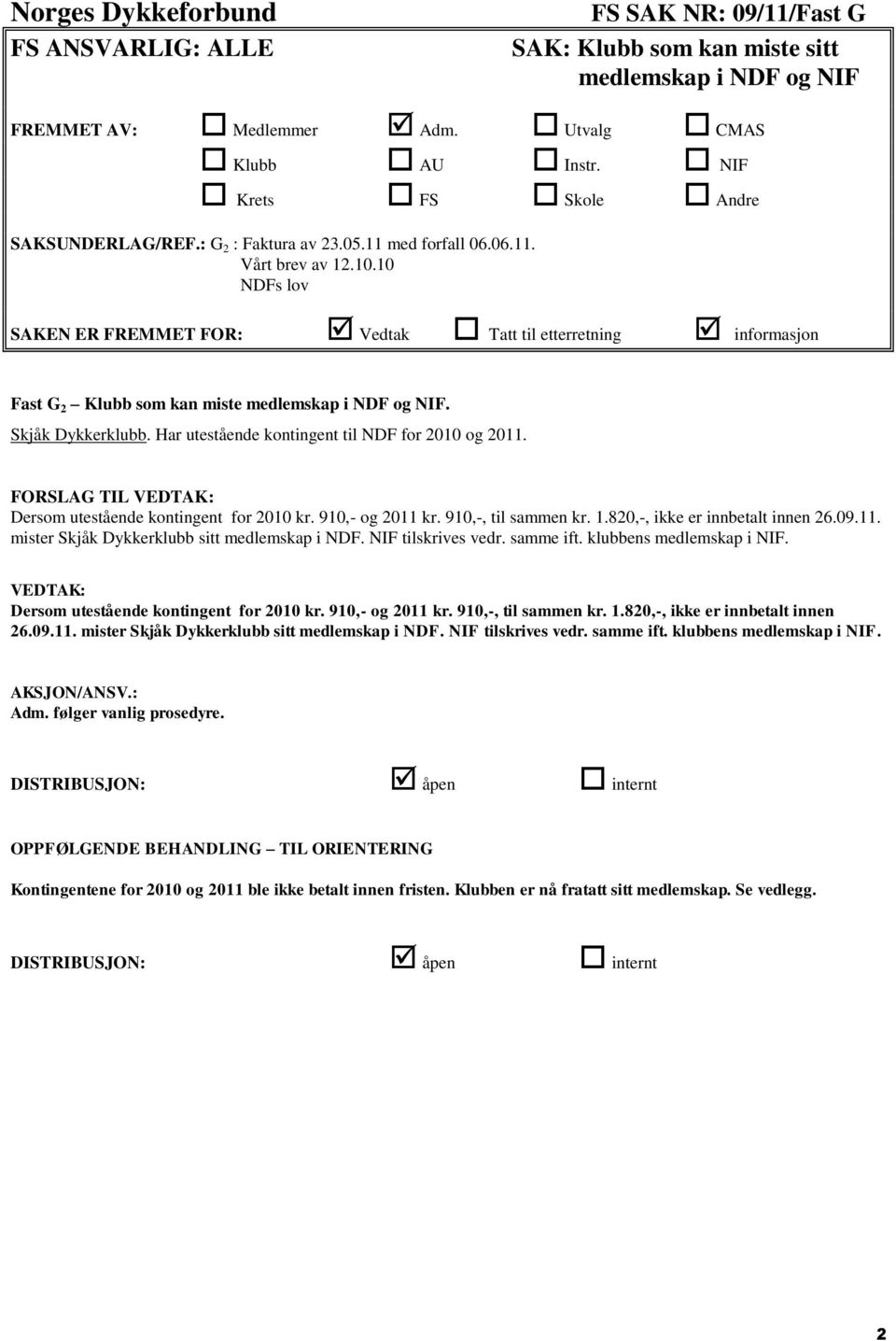 10 NDFs lov SAKEN ER FREMMET FOR: Vedtak Tatt til etterretning informasjon Fast G 2 Klubb som kan miste medlemskap i NDF og NIF. Skjåk Dykkerklubb. Har utestående kontingent til NDF for 2010 og 2011.