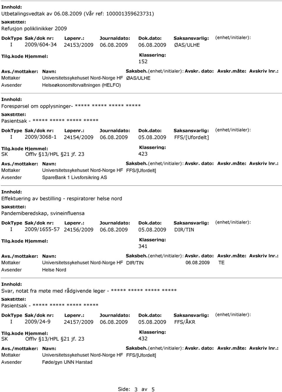 SpareBank 1 Livsforsikring AS nnhold: Effektuering av bestilling - respiratorer helse nord 2009/1655-57 24156/2009 DR/TN Mottaker Universitetssykehuset Nord-Norge