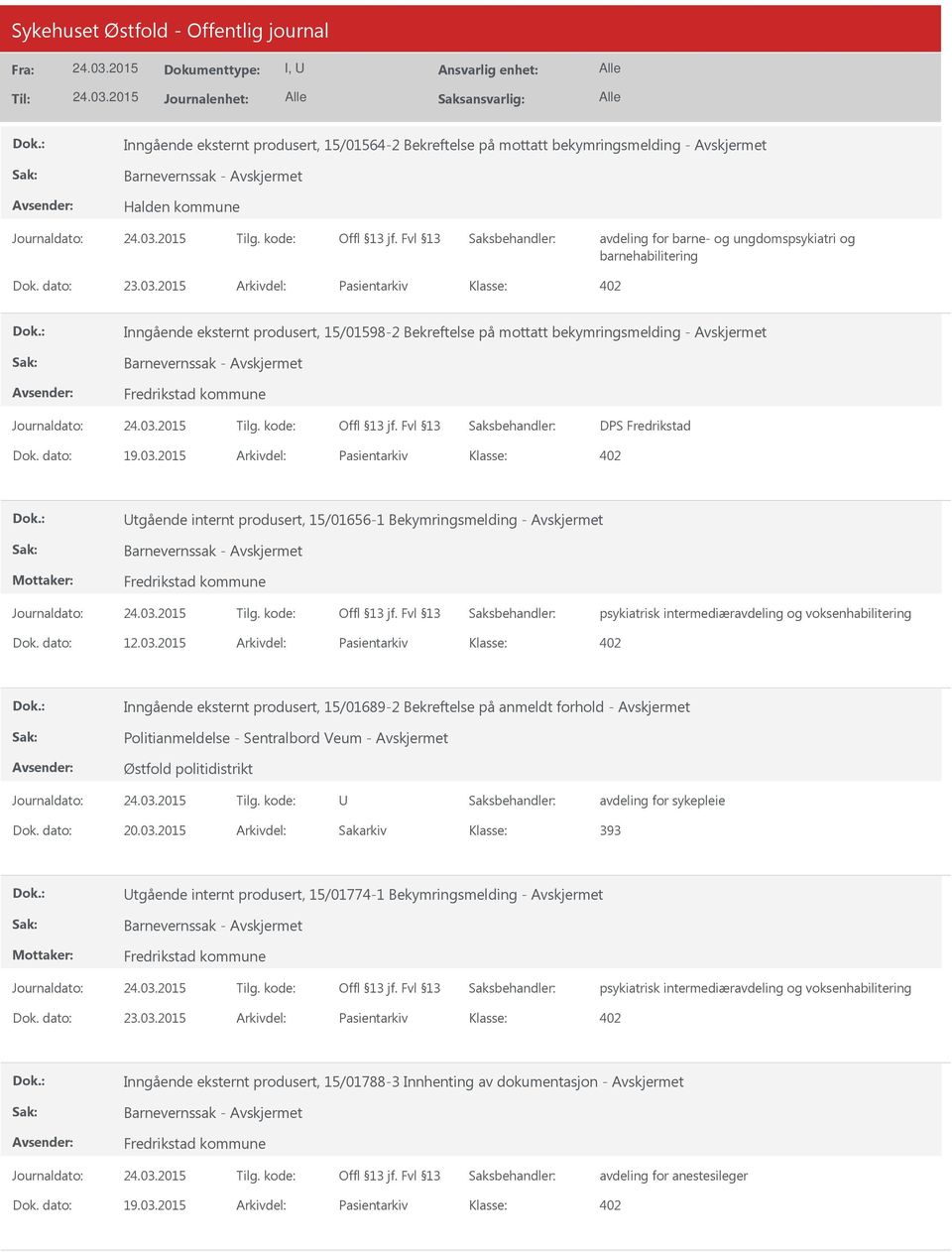 2015 Arkivdel: Pasientarkiv tgående internt produsert, 15/01656-1 Bekymringsmelding - Avskjermet psykiatrisk intermediæravdeling og voksenhabilitering Dok. dato: 12.03.