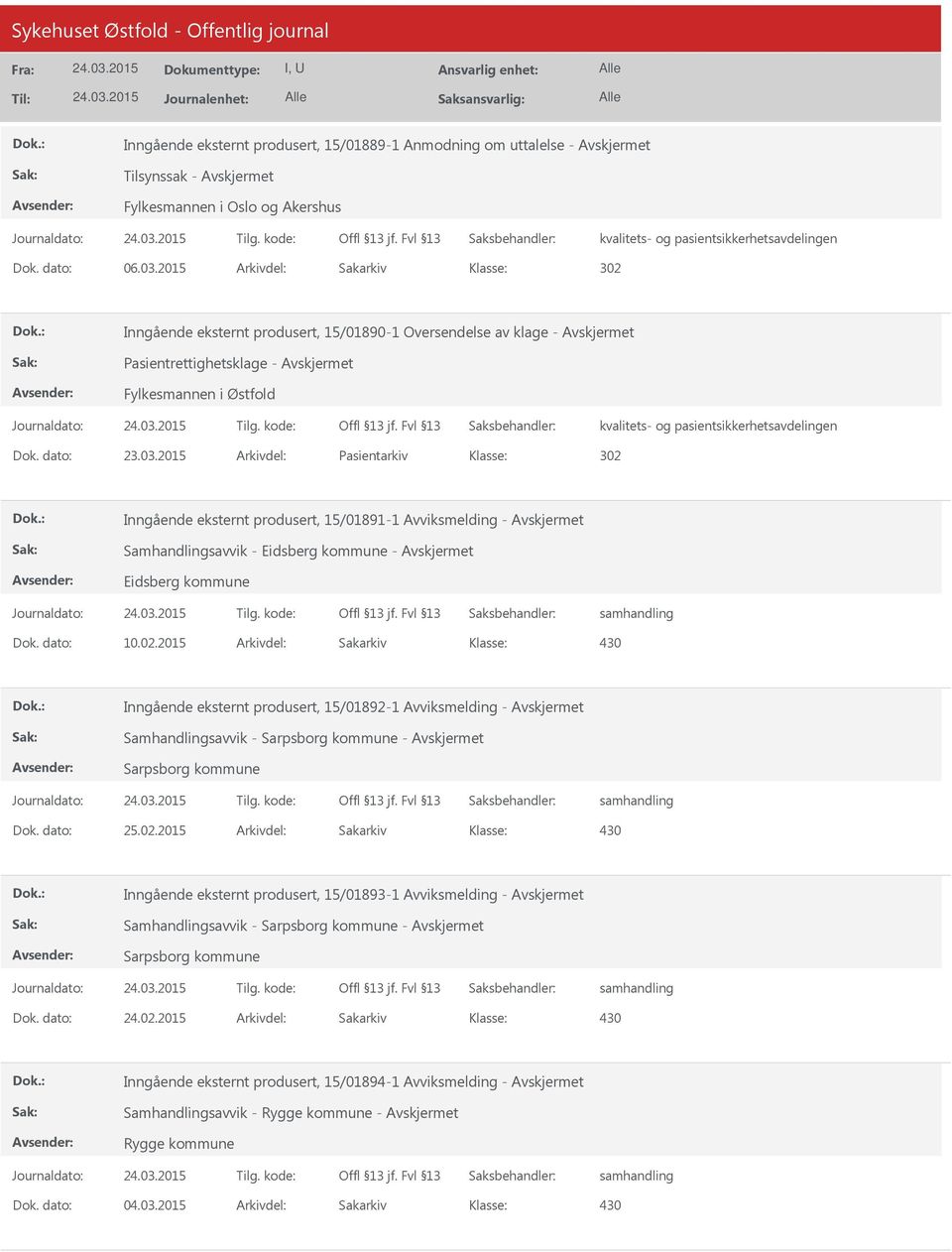 2015 Arkivdel: Pasientarkiv Inngående eksternt produsert, 15/01891-1 Avviksmelding - Avskjermet Samhandlingsavvik - Eidsberg kommune - Avskjermet Eidsberg kommune Dok. dato: 10.02.