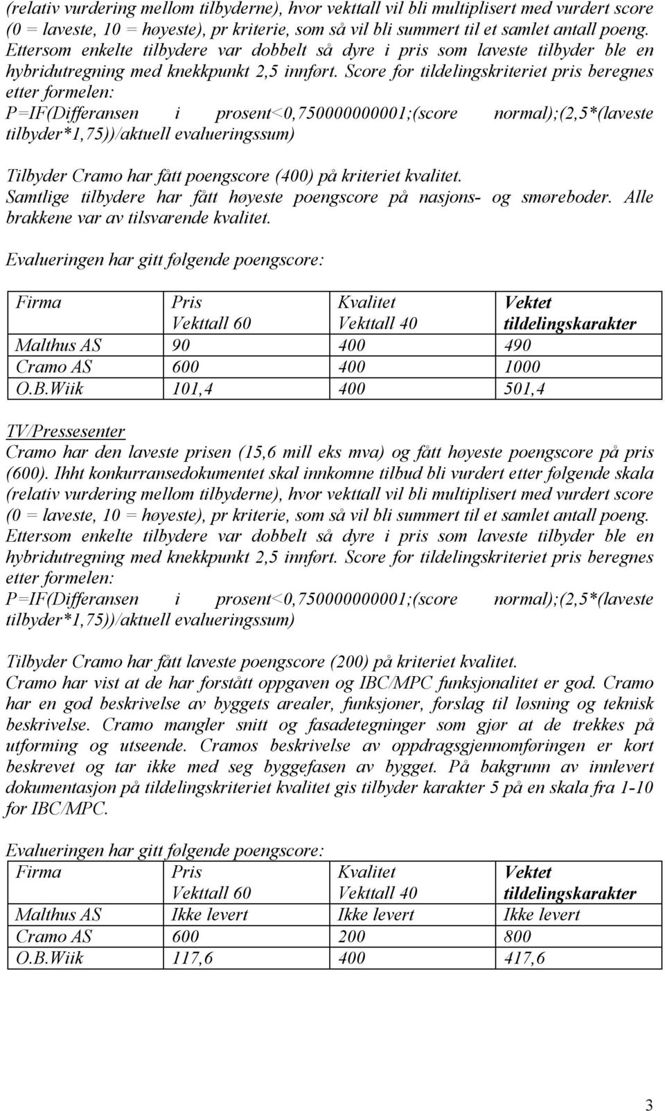 Score for tildelingskriteriet pris beregnes etter formelen: P=IF(Differansen i prosent<0,750000000001;(score normal);(2,5*(laveste tilbyder*1,75))/aktuell evalueringssum) Tilbyder Cramo har fått