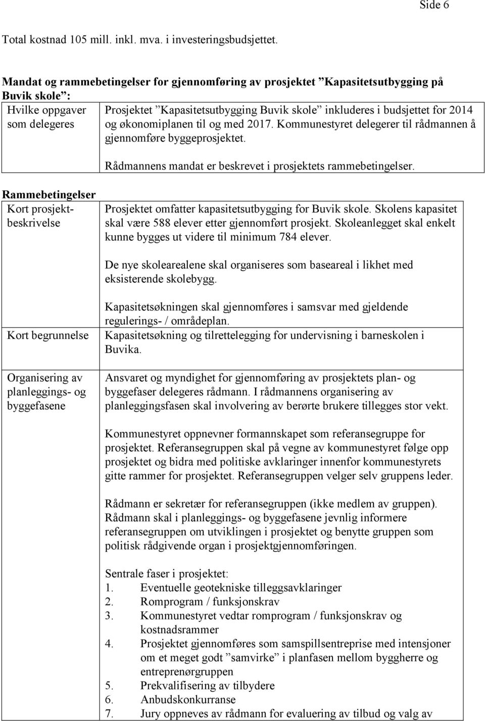 delegeres og økonomiplanen til og med 2017. Kommunestyret delegerer til rådmannen å gjennomføre byggeprosjektet. Rådmannens mandat er beskrevet i prosjektets rammebetingelser.