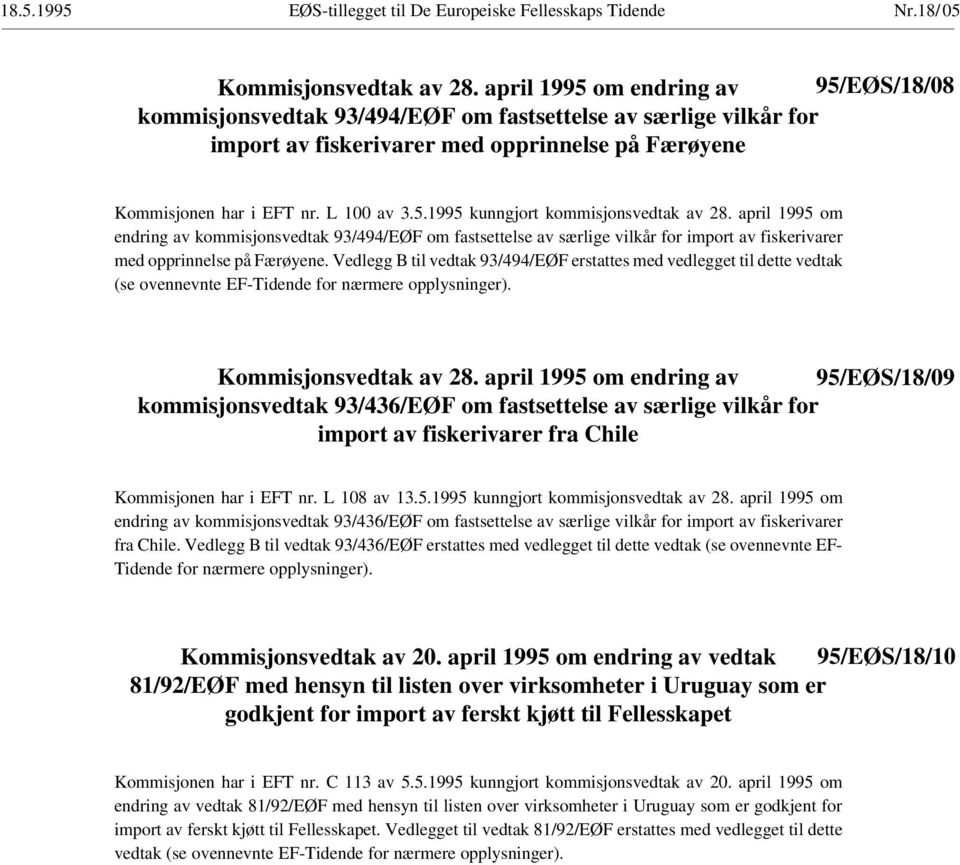 april 1995 om endring av kommisjonsvedtak 93/494/EØF om fastsettelse av særlige vilkår for import av fiskerivarer med opprinnelse på Færøyene.